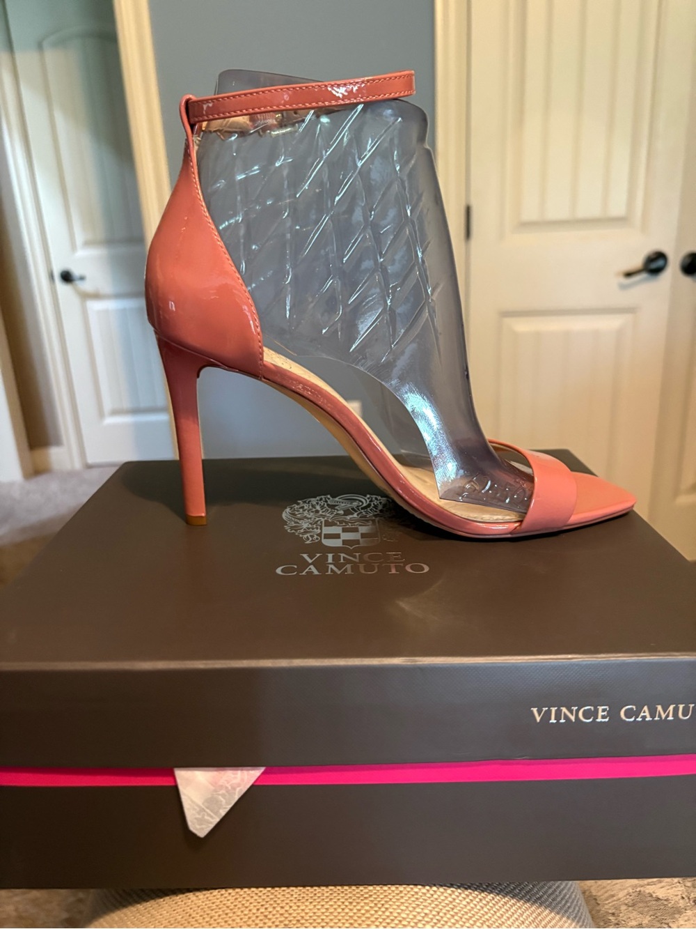 Vince Camuto Coral Pink Patent Ankle-Strap Stiletto Sandals
